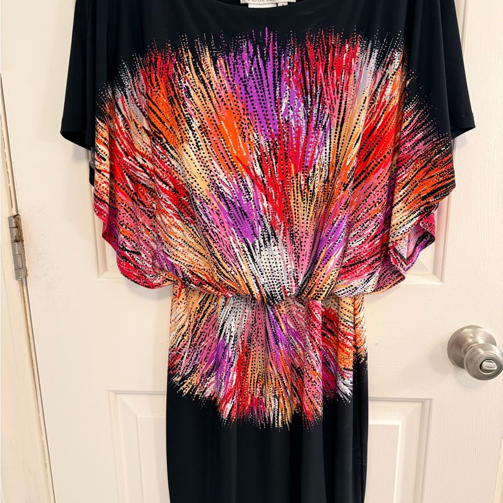 Maggy London Black Firework Dress with Red and Purple Accents 🎆